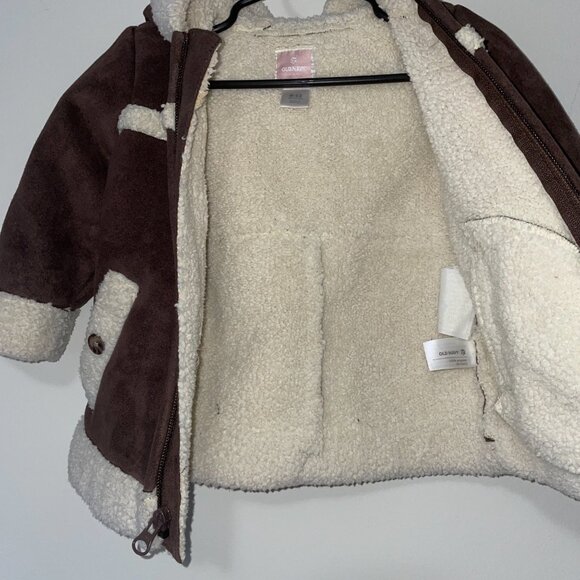 Old Navy Baby Sherpa-Lined Brown Coat With Hood & Button Pockets - Picture 5 of 6